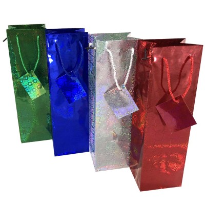 PARTY SOLUTIONS GIFT BAG 4x3.5x13 INCH HOLOGRAPHIC WINE BOTTLE ASST. COLORS 12CT/PACK